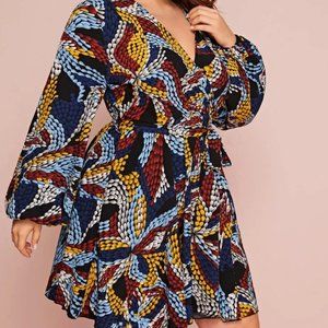 Plus Allover Print V-neck Blouson Sleeve Belted Dr